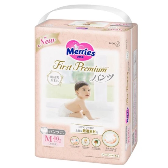 MERRIES First Premium sauskelnės-kelnaitės, M, 6-11kg, 46 vnt.